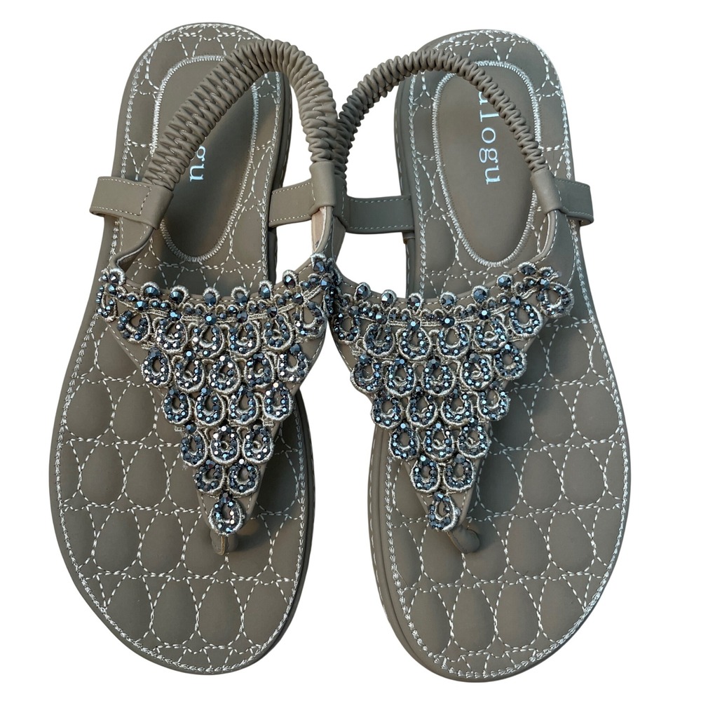 Ulogu Womens Beaded‎ Rhinestone Slingback Thong Sandals Taupe T582-1A Size 40